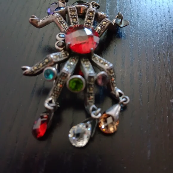 Sterling Silver Marcasite Multicolor Crystal Spider Brooch Vintage Whimsigoth